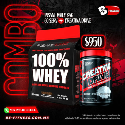 COMBO INSANE WHEY BAG 60 SERV + CREATINA DRIVE 60 SERV